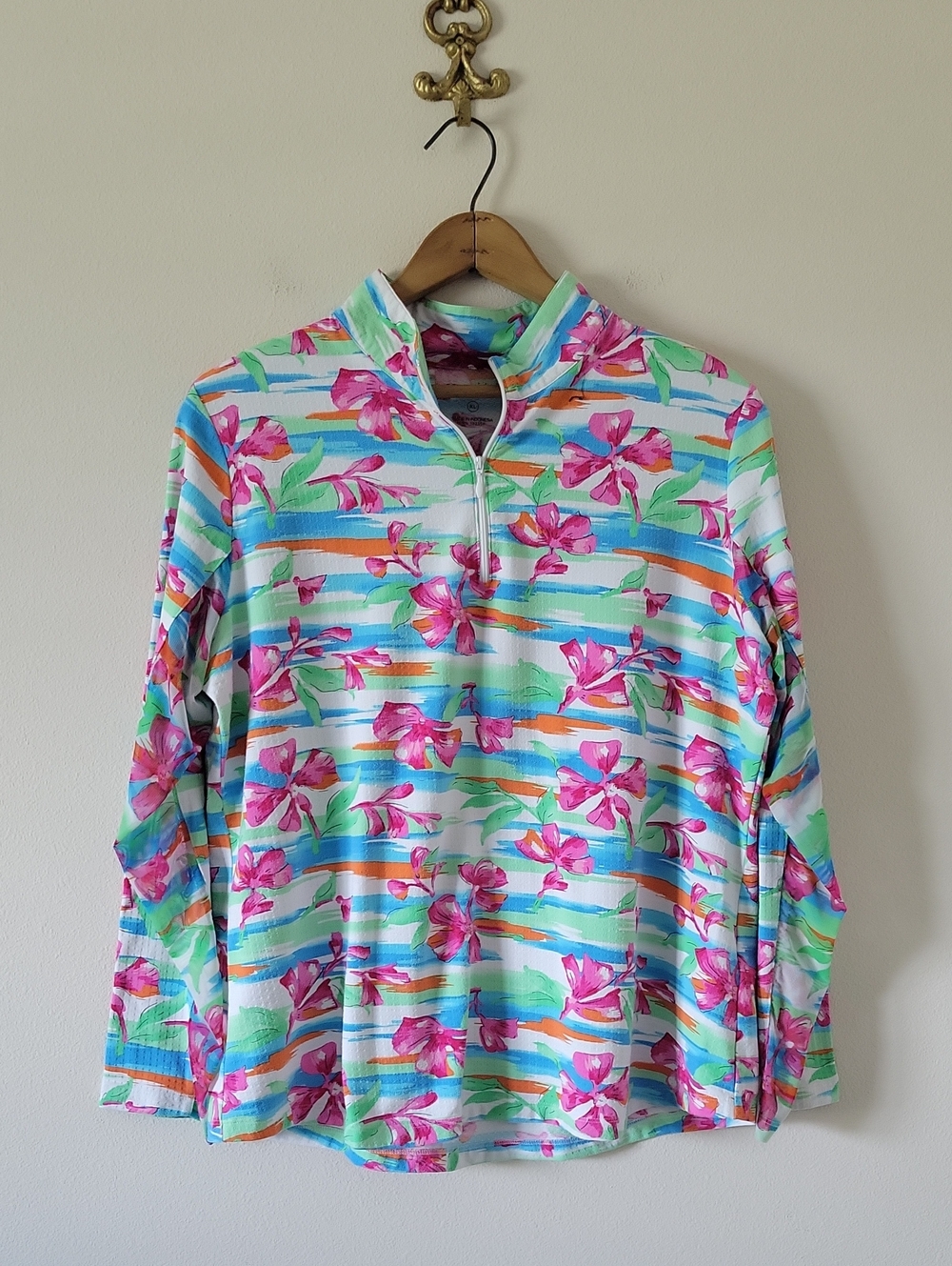 IBKUL Mia's Blossoms Floral Stripe 1/4 Zip Mock Neck Pullover Size XL
